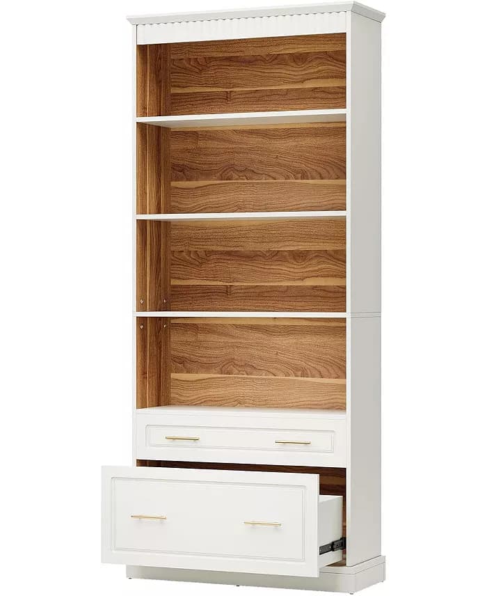 5 Raflı Kitaplık Dosya Dolabı Çekmeceli 2'li Set, 182 cm Yüksekliğinde Kitaplık, Modern Serbest Duran Ahşap Kitaplık, Oturma Odası, Ev Ofisi için Büyük Açık Sergileme Depolama Kitap Rafı-Renk: Beyaz ve kahverengi - 3