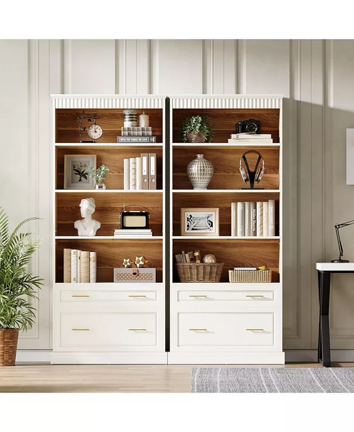 5 Raflı Kitaplık Dosya Dolabı Çekmeceli 2'li Set, 182 cm Yüksekliğinde Kitaplık, Modern Serbest Duran Ahşap Kitaplık, Oturma Odası, Ev Ofisi için Büyük Açık Sergileme Depolama Kitap Rafı-Renk: Beyaz ve kahverengi - 5