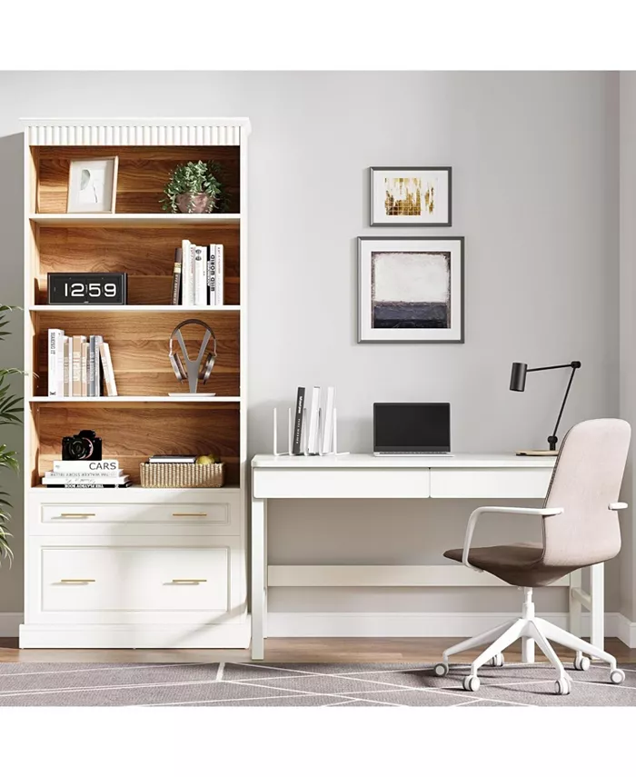 5 Raflı Kitaplık Dosya Dolabı Çekmeceli 2'li Set, 182 cm Yüksekliğinde Kitaplık, Modern Serbest Duran Ahşap Kitaplık, Oturma Odası, Ev Ofisi için Büyük Açık Sergileme Depolama Kitap Rafı-Renk: Beyaz ve kahverengi - 6