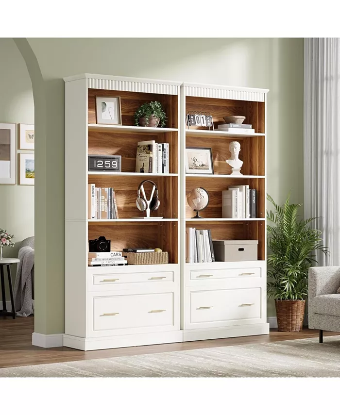 5 Raflı Kitaplık Dosya Dolabı Çekmeceli 2'li Set, 182 cm Yüksekliğinde Kitaplık, Modern Serbest Duran Ahşap Kitaplık, Oturma Odası, Ev Ofisi için Büyük Açık Sergileme Depolama Kitap Rafı-Renk: Beyaz ve kahverengi - 7