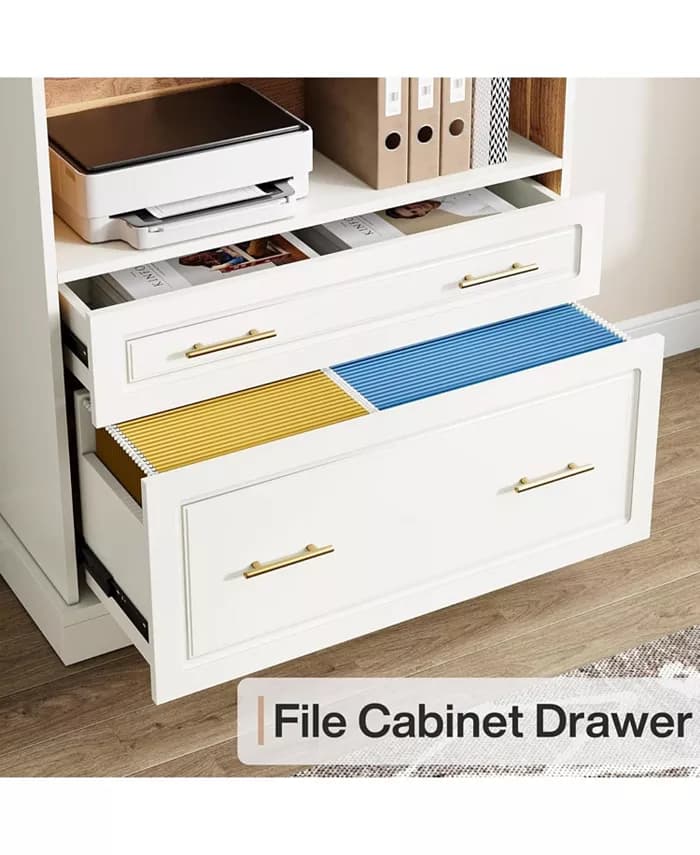 5 Raflı Kitaplık Dosya Dolabı Çekmeceli 2'li Set, 182 cm Yüksekliğinde Kitaplık, Modern Serbest Duran Ahşap Kitaplık, Oturma Odası, Ev Ofisi için Büyük Açık Sergileme Depolama Kitap Rafı-Renk: Beyaz ve kahverengi - 4