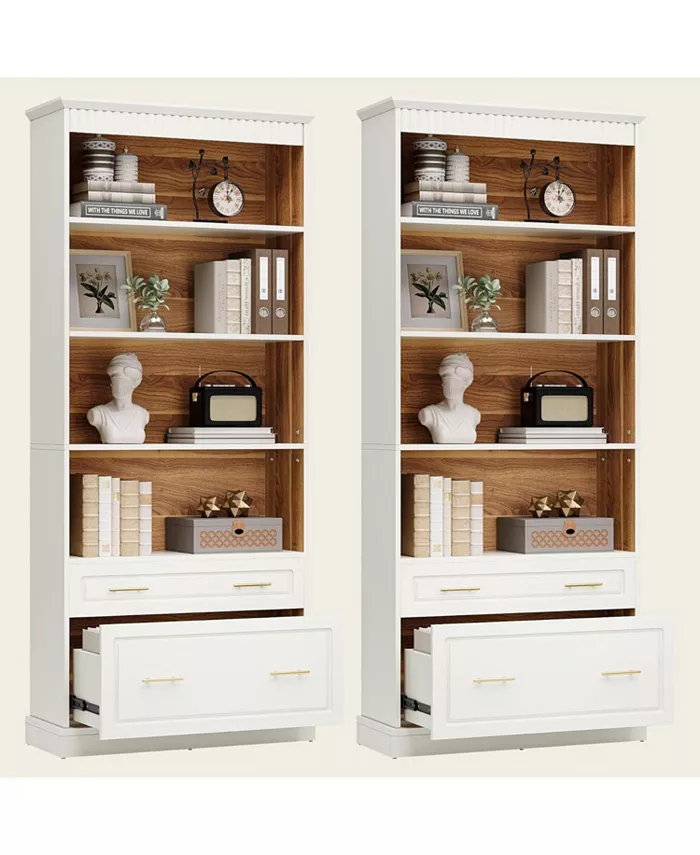 5 Raflı Kitaplık Dosya Dolabı Çekmeceli 2'li Set, 182 cm Yüksekliğinde Kitaplık, Modern Serbest Duran Ahşap Kitaplık, Oturma Odası, Ev Ofisi için Büyük Açık Sergileme Depolama Kitap Rafı-Renk: Beyaz ve kahverengi