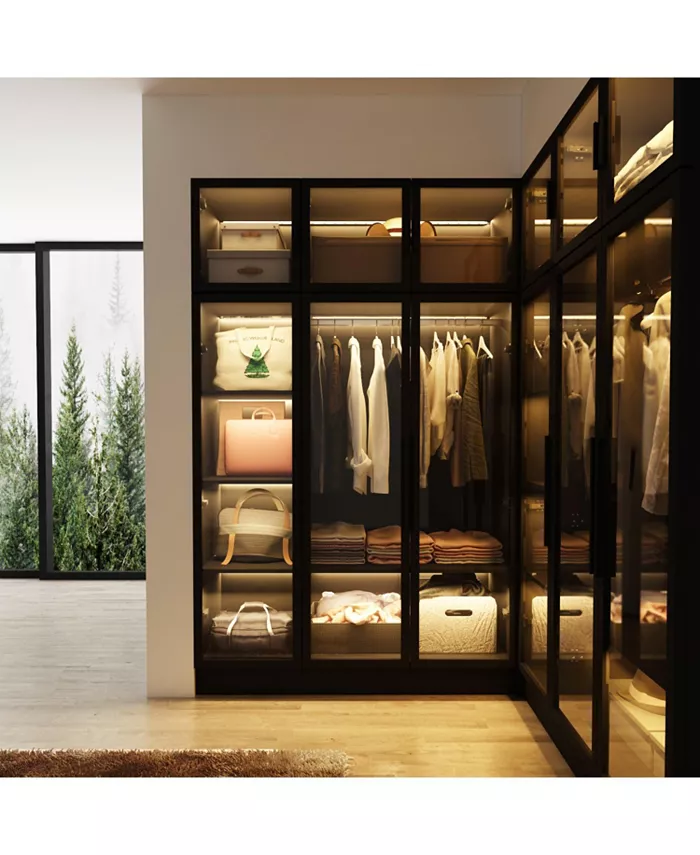 Siyah Ahşap Cam Kapılı Dolaplar Metal Çerçeve Gardırop LED Işıklı